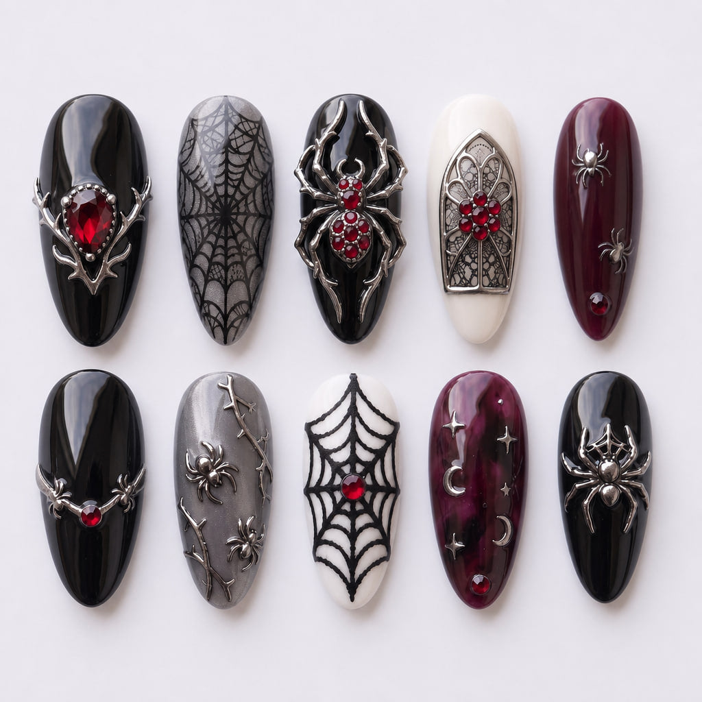 A set of gothic press-on nails featuring spider webs, silver spider charms, and dark red gemstone embellishments.