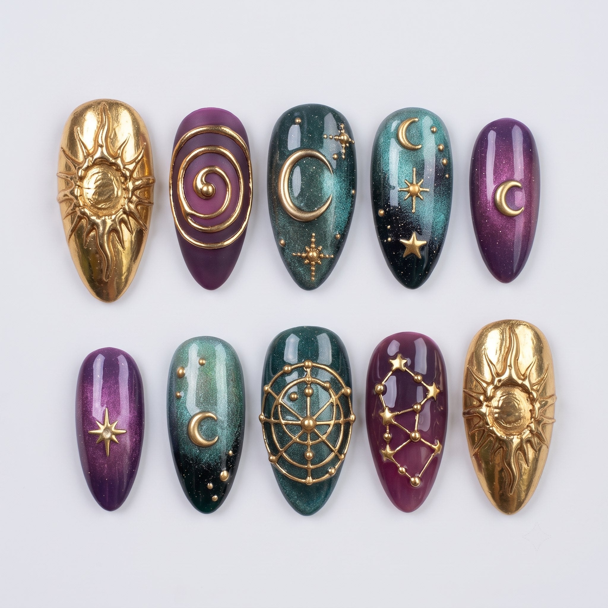 Celestial press-on nails with purple and teal ombre colors and gold sun, moon, and star motifs.