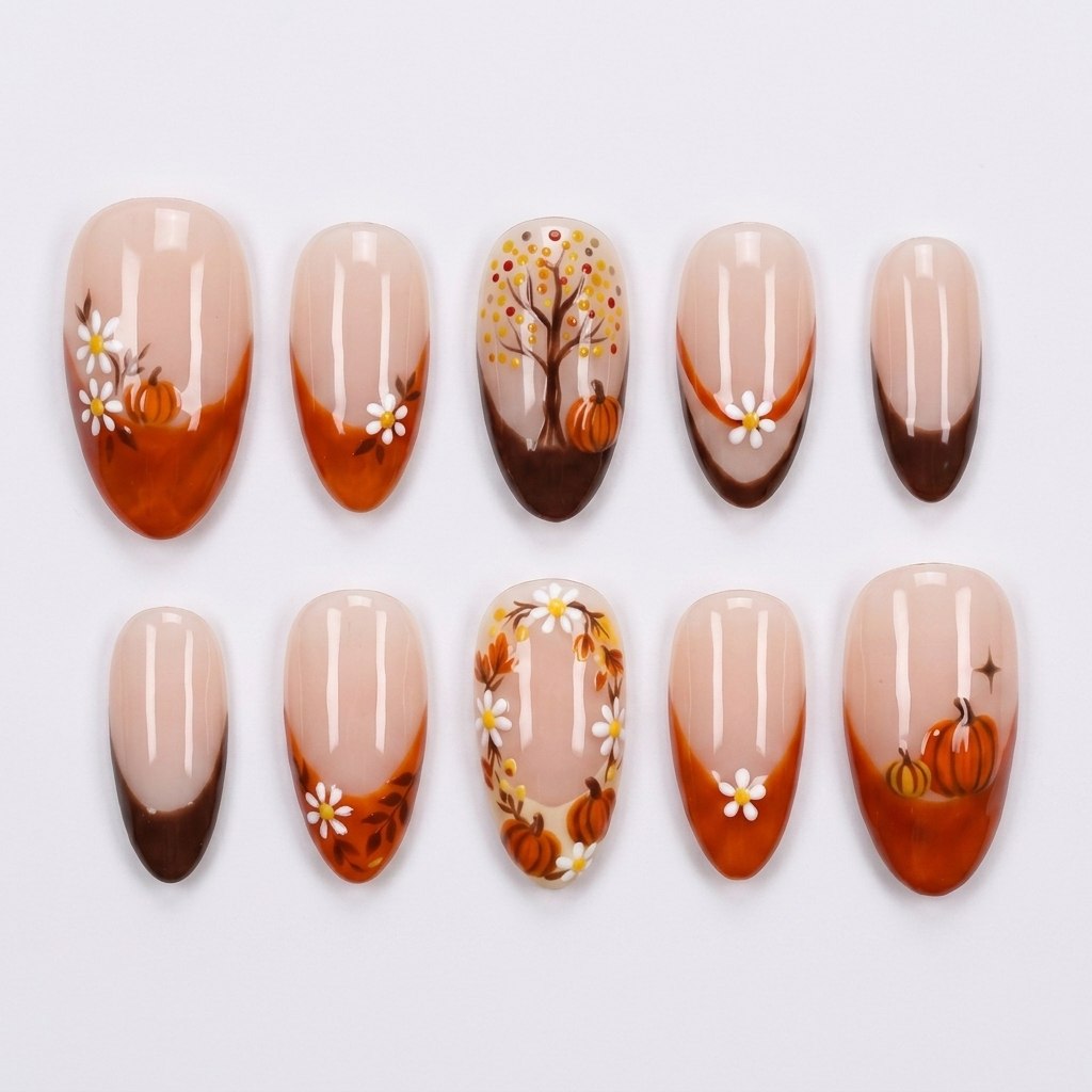 A set of press-on nails featuring a brown and orange French tip design with autumn pumpkins and white daisies.
