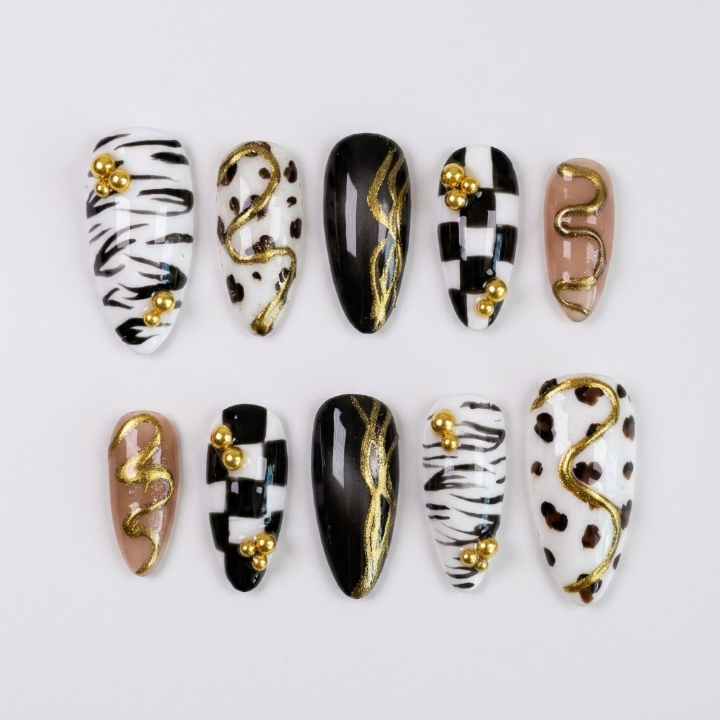 A set of press-on nails featuring zebra print, checkered patterns, animal spots, and solid black designs with gold metallic accents and gold ball beads.