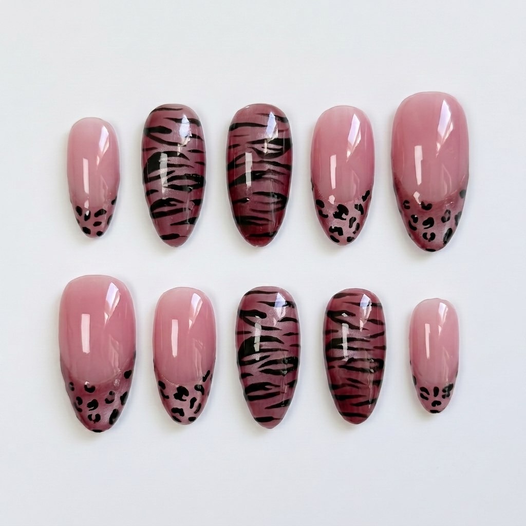Mauve press-on nails featuring a mix of tiger stripe patterns and leopard print french tips.