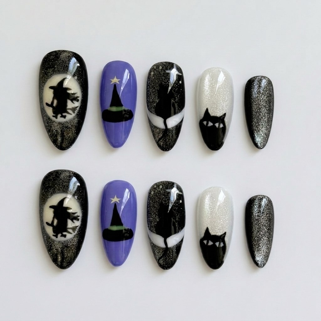 A set of Halloween press-on nails featuring witch, cat, and moon motifs in black, purple, and white glitter.