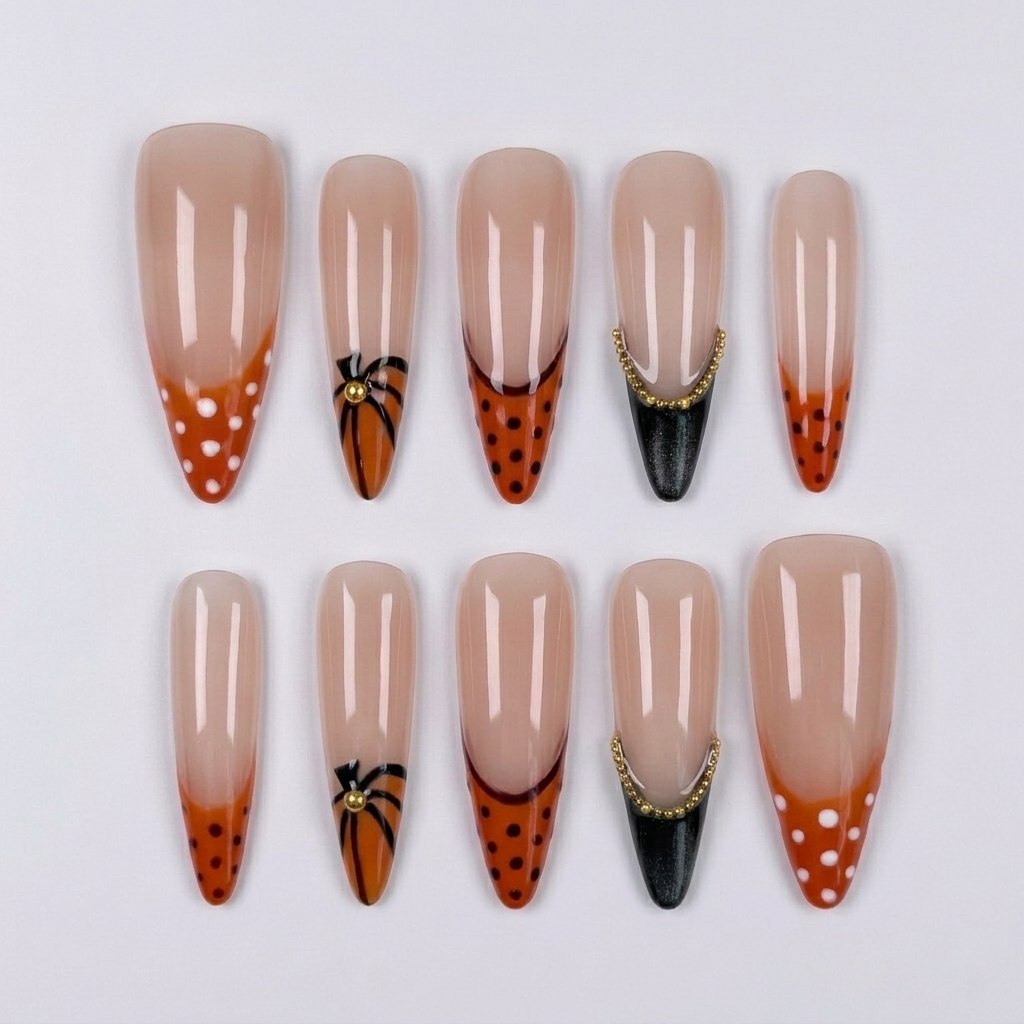 Stiletto press-on nails featuring orange french tips with polka dots, pumpkin vine motifs, and black tips with gold bead accents.