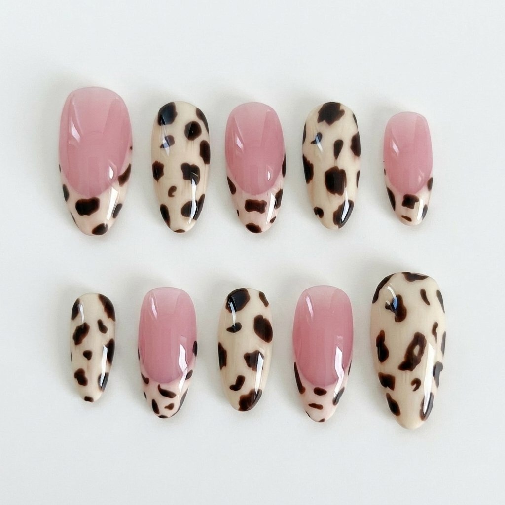 A set of press-on nails featuring leopard print patterns and French tip designs in pink and cream colors.