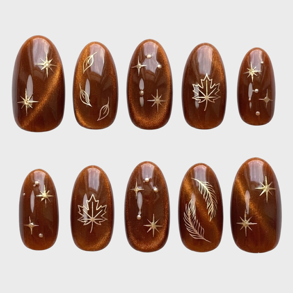 Brown cat eye press-on nails decorated with gold stars, leaves, and feathers.