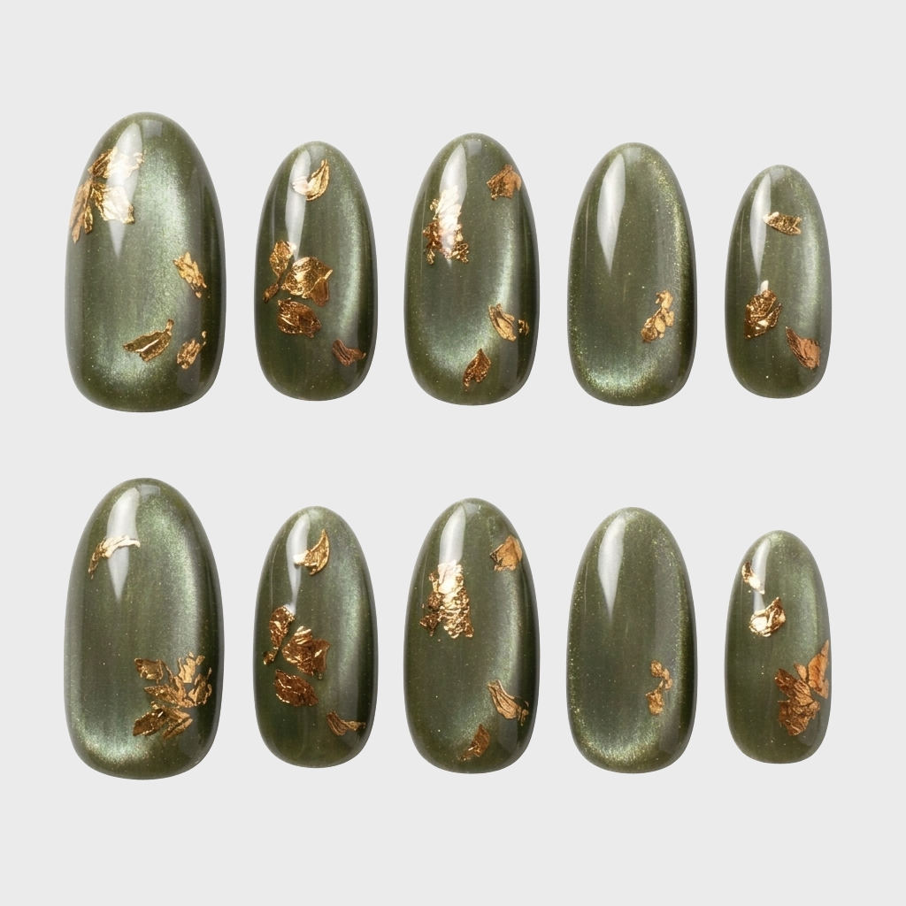 A set of almond-shaped olive green cat eye press-on nails decorated with gold foil flakes.