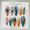 Stiletto-shaped tropical ocean press-on nail set with 3D starfish and floral art