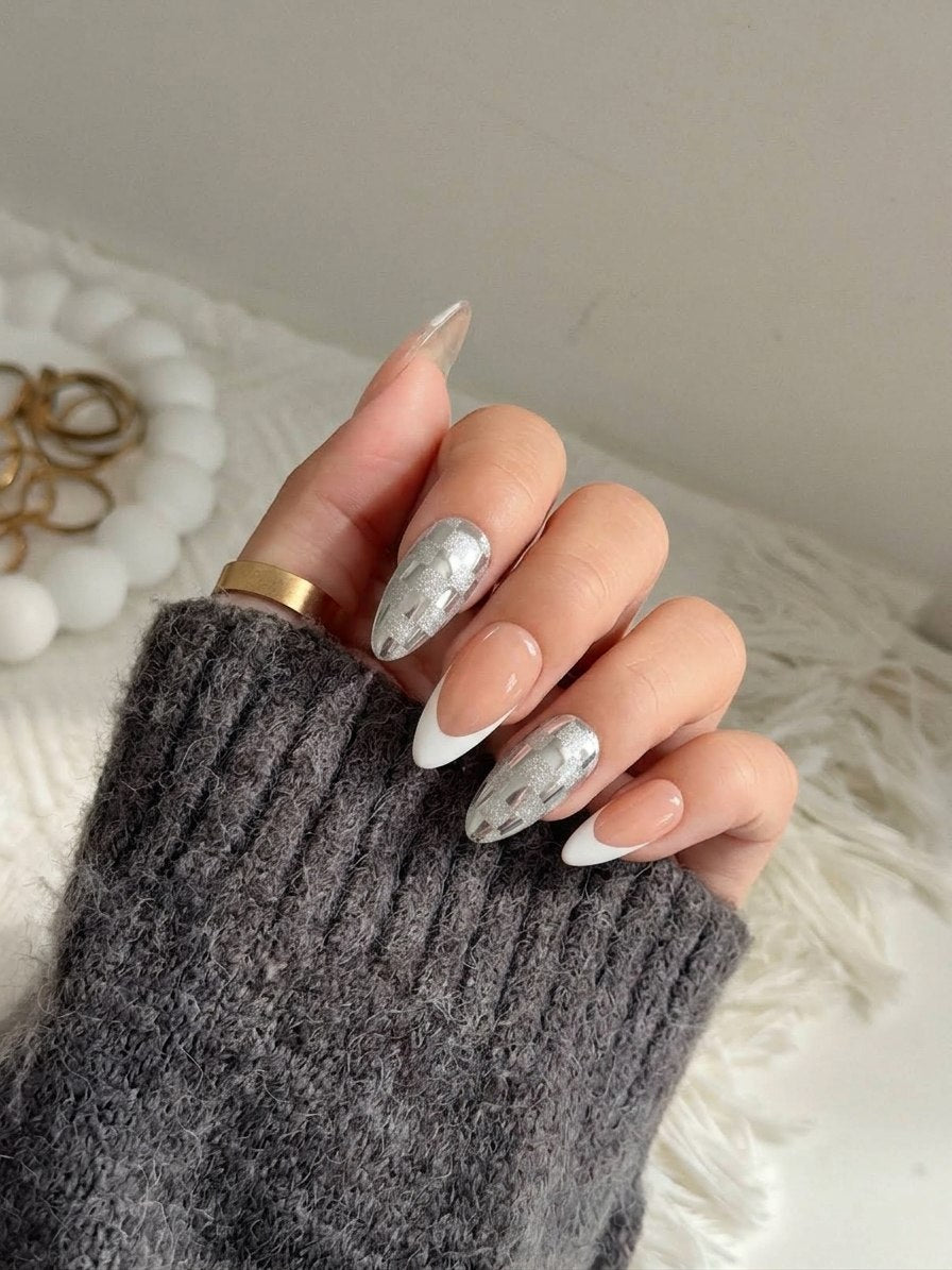 Silver Checkerboard French Tip Press-On Nails