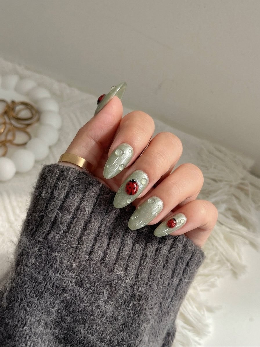 Sage Green Ladybug Dewdrop Press-On Nails