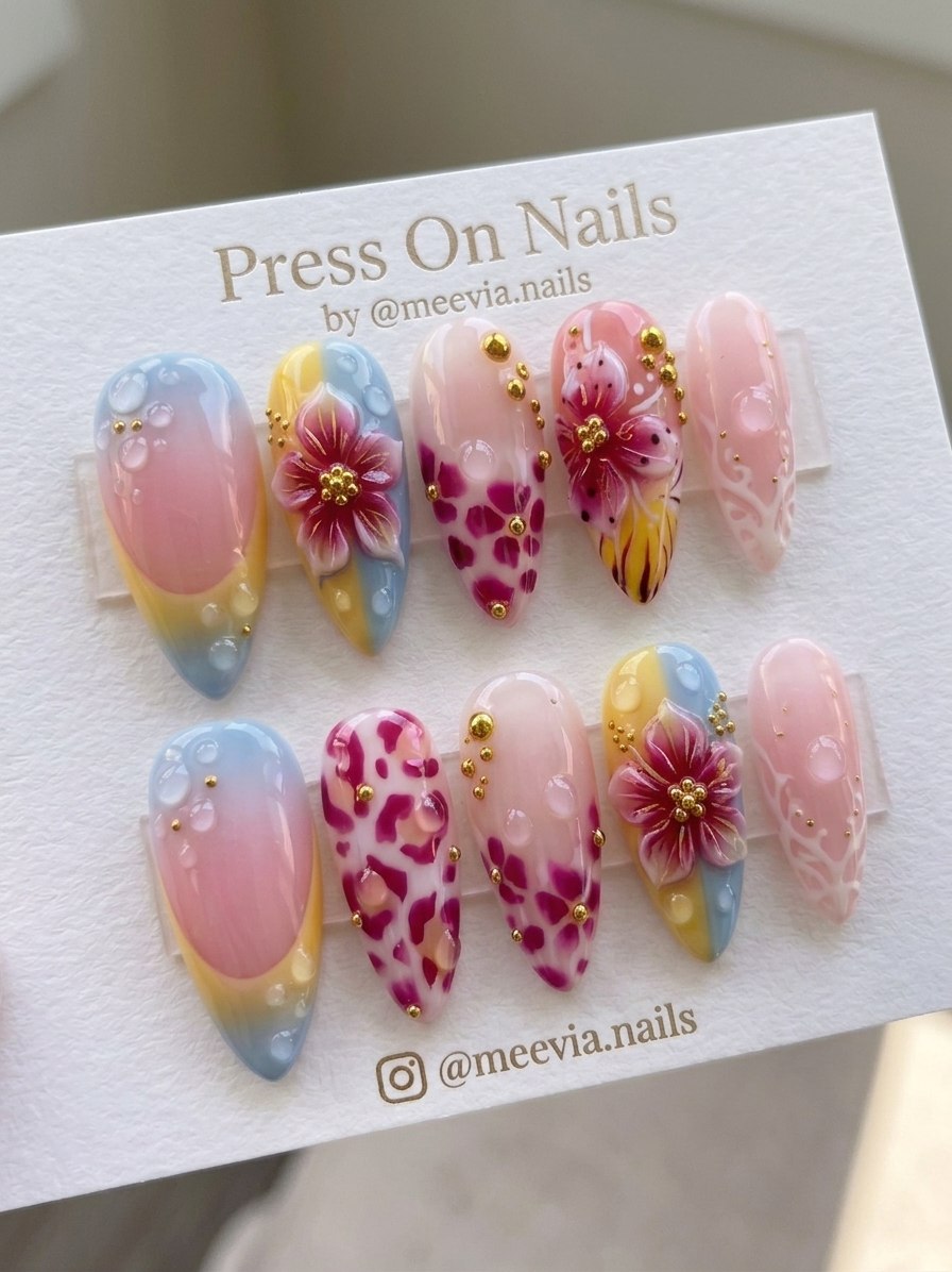 Stiletto-shaped press-on nail set with 3D flowers and leopard print accents
