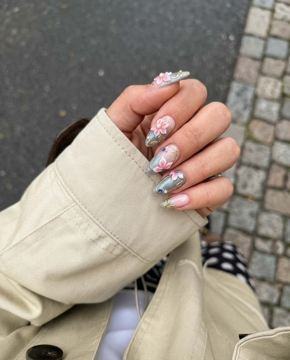 Pink and grey gradient press-on nails featuring 3D floral art, gold metallic swirls, pearls, and blue rhinestones.
