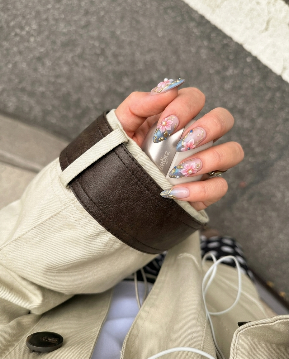 Pink and grey gradient press-on nails featuring 3D floral art, gold metallic swirls, pearls, and blue rhinestones.
