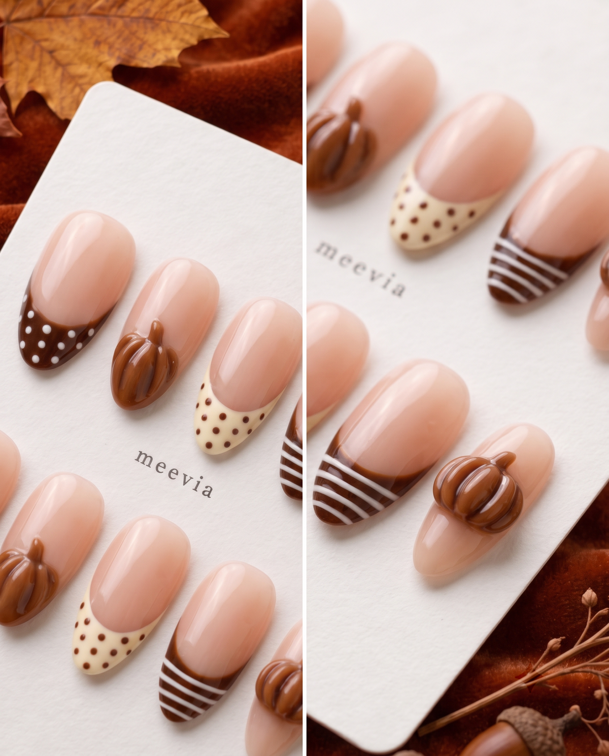 Glossy nude press-on nails with brown French tips, polka dots, stripes, and raised pumpkin accents