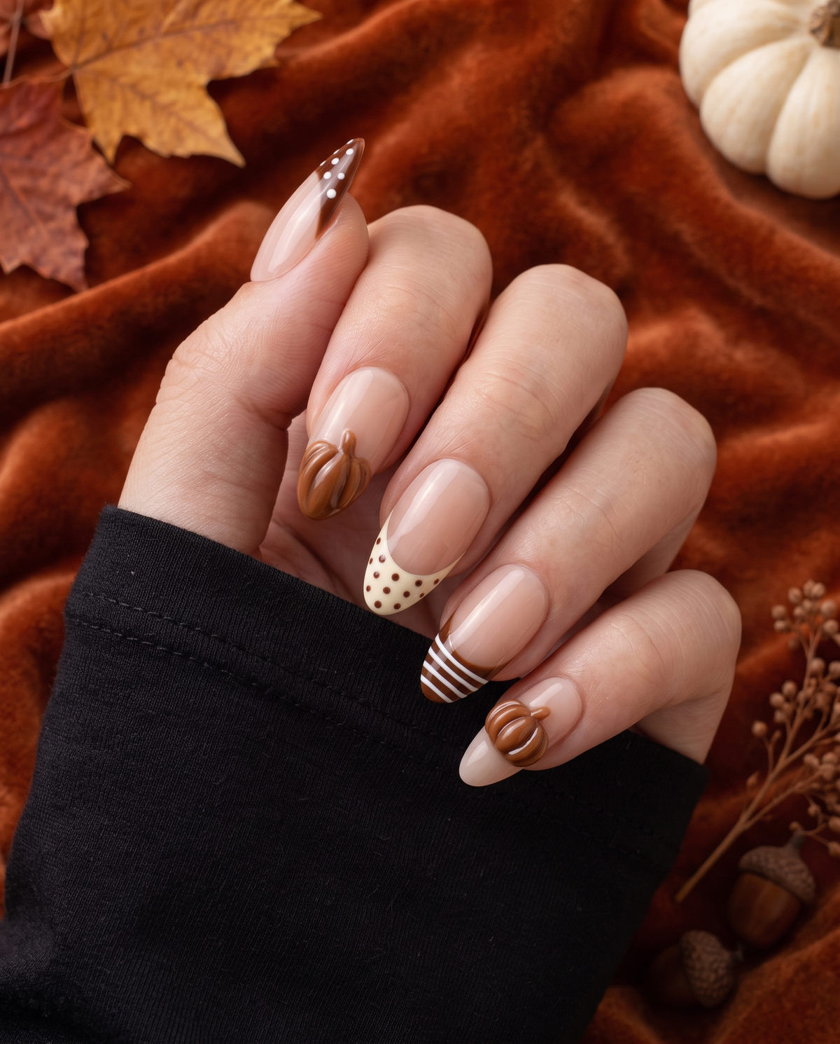 Glossy nude press-on nails with brown French tips, polka dots, stripes, and raised pumpkin accents