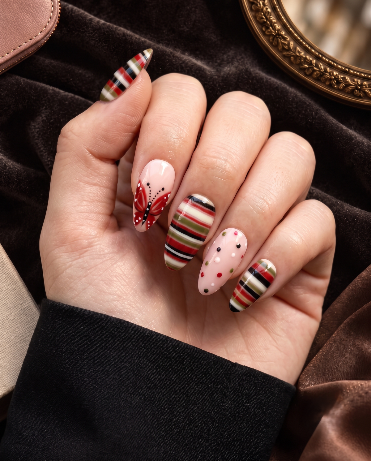Glossy red and olive striped press-on nails with butterfly and zebra-inspired designs