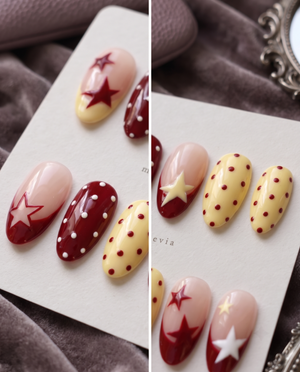 Red, yellow, and soft pink star and polka dot press-on nails
