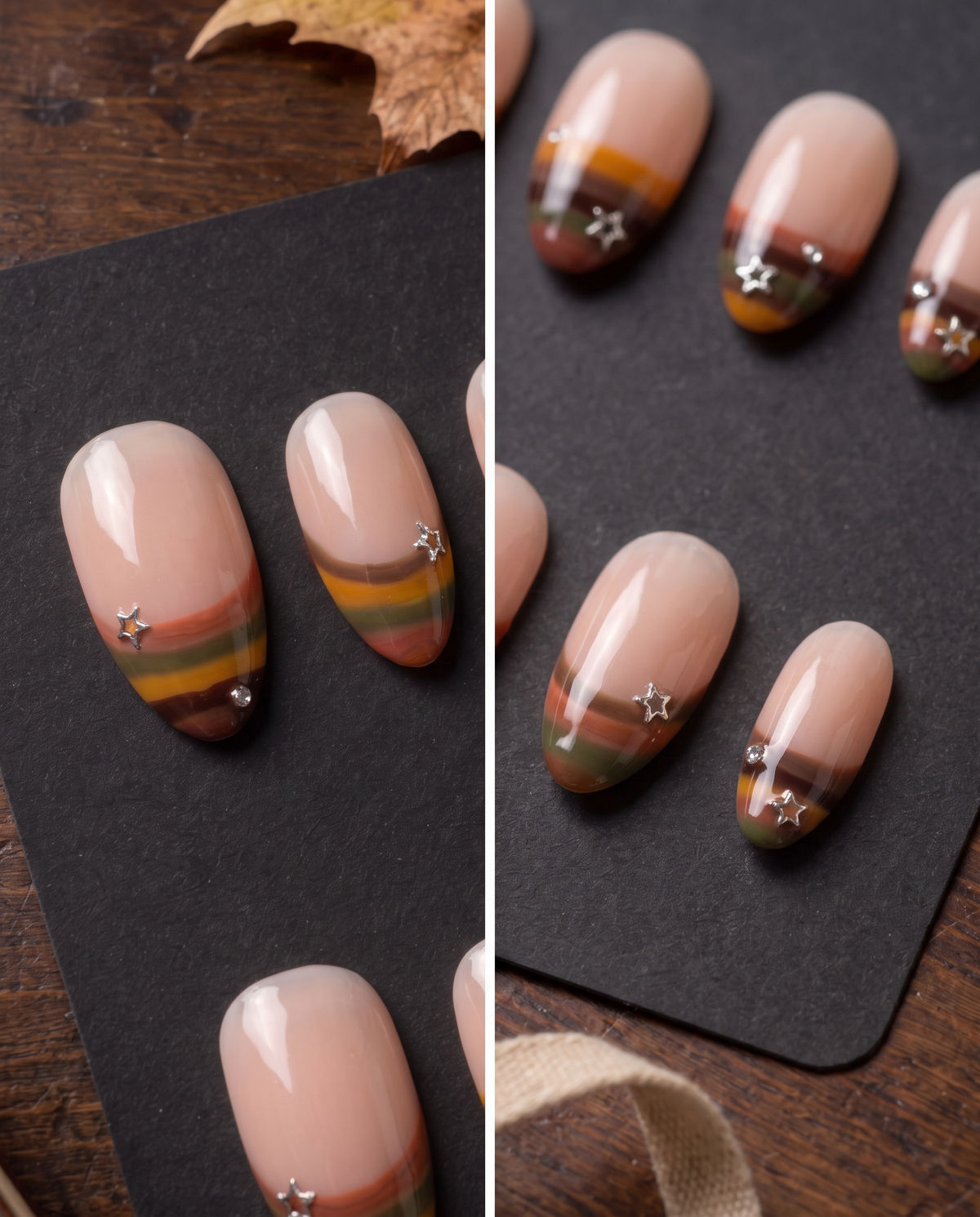 Nude press-on nails with retro multicolor striped French tips, silver stars, and rhinestone accents