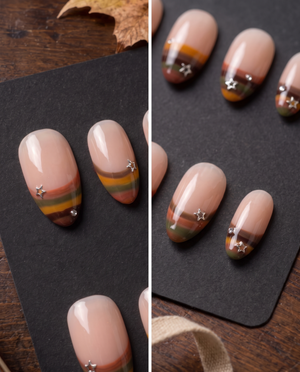Nude press-on nails with retro multicolor striped French tips, silver stars, and rhinestone accents