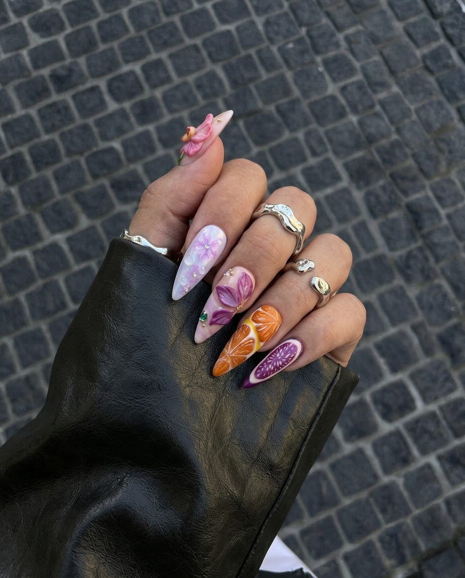 A set of stiletto-shaped press-on nails featuring 3D orchids, orange slices, fig patterns, and starfish embellishments.