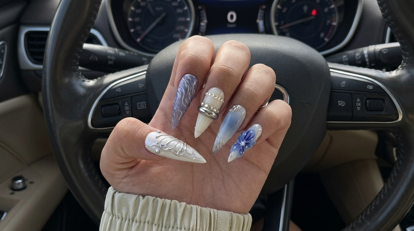 A set of press-on nails featuring blue floral designs, 3D silver chrome butterfly wings, and metallic ring accents.