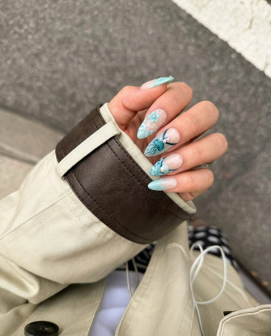 A set of teal-toned press-on nails featuring ocean motifs like a starfish, jellyfish, seashell, and sea turtle with rhinestone accents.