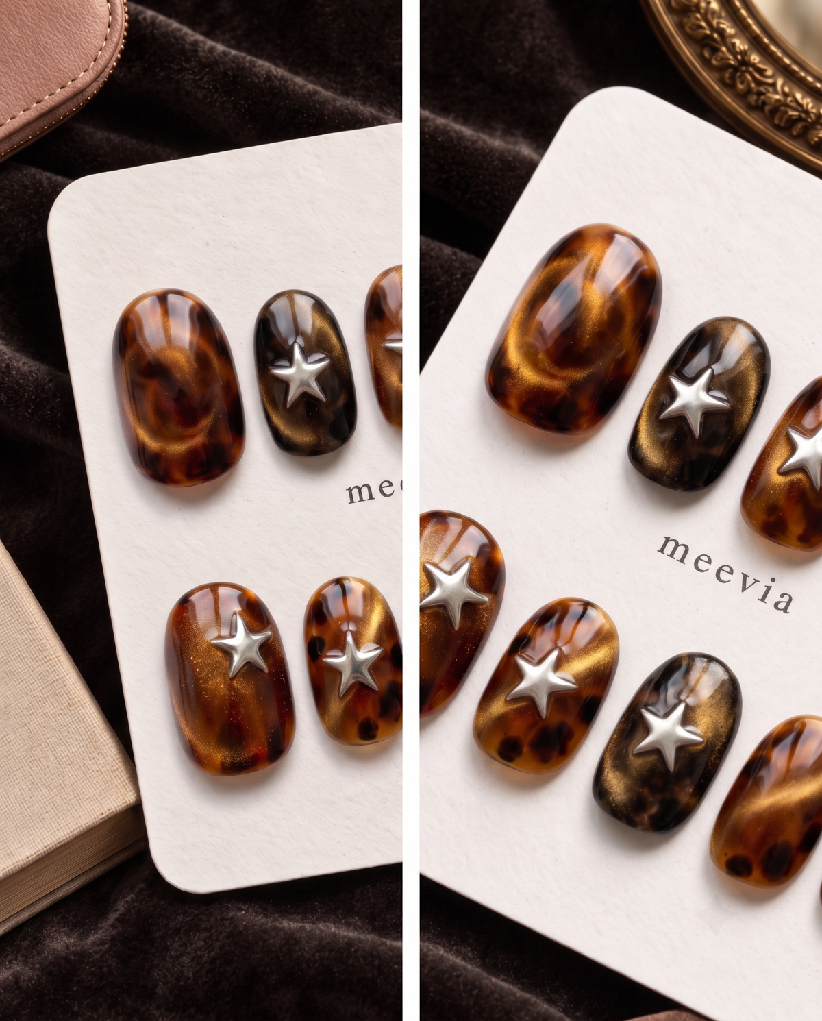 Tortoise-shell cat-eye press-on nails with raised silver star embellishments