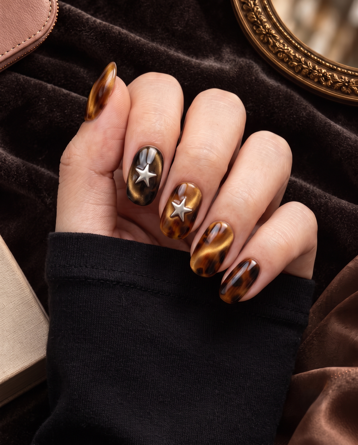 Tortoise-shell cat-eye press-on nails with raised silver star embellishments