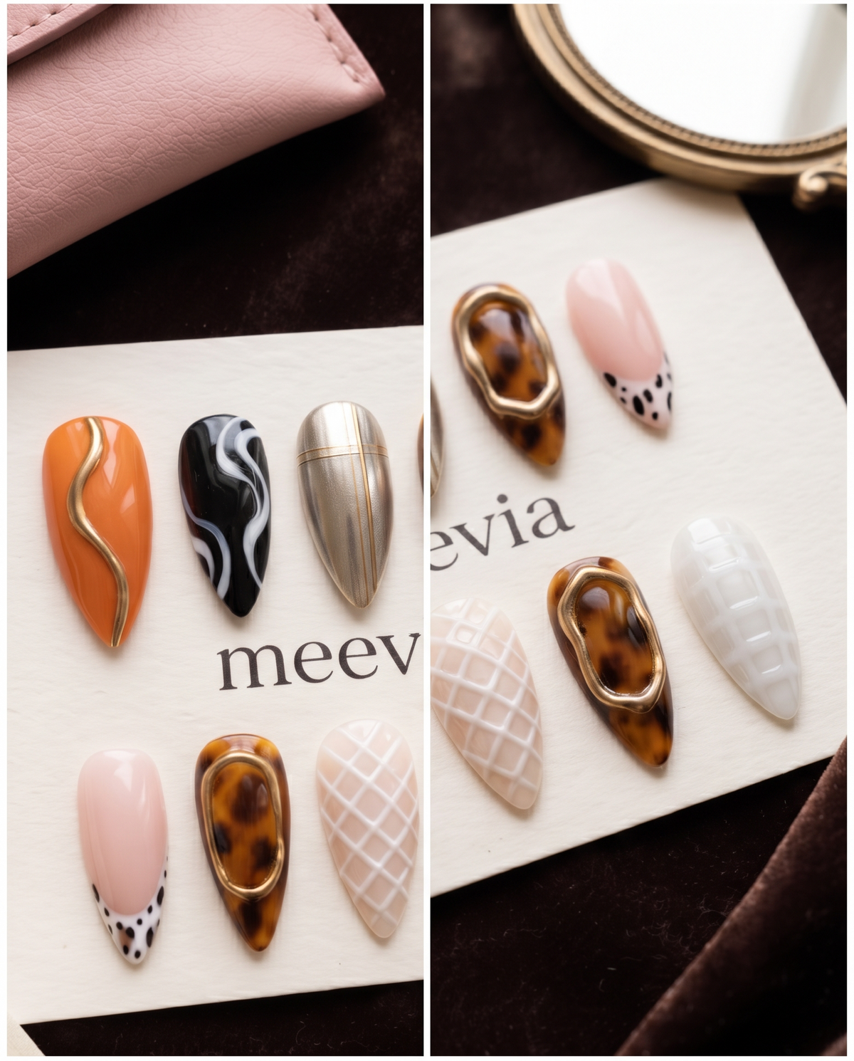 Tortoiseshell and abstract art press-on nails with pink, gold, orange, black, and white designs