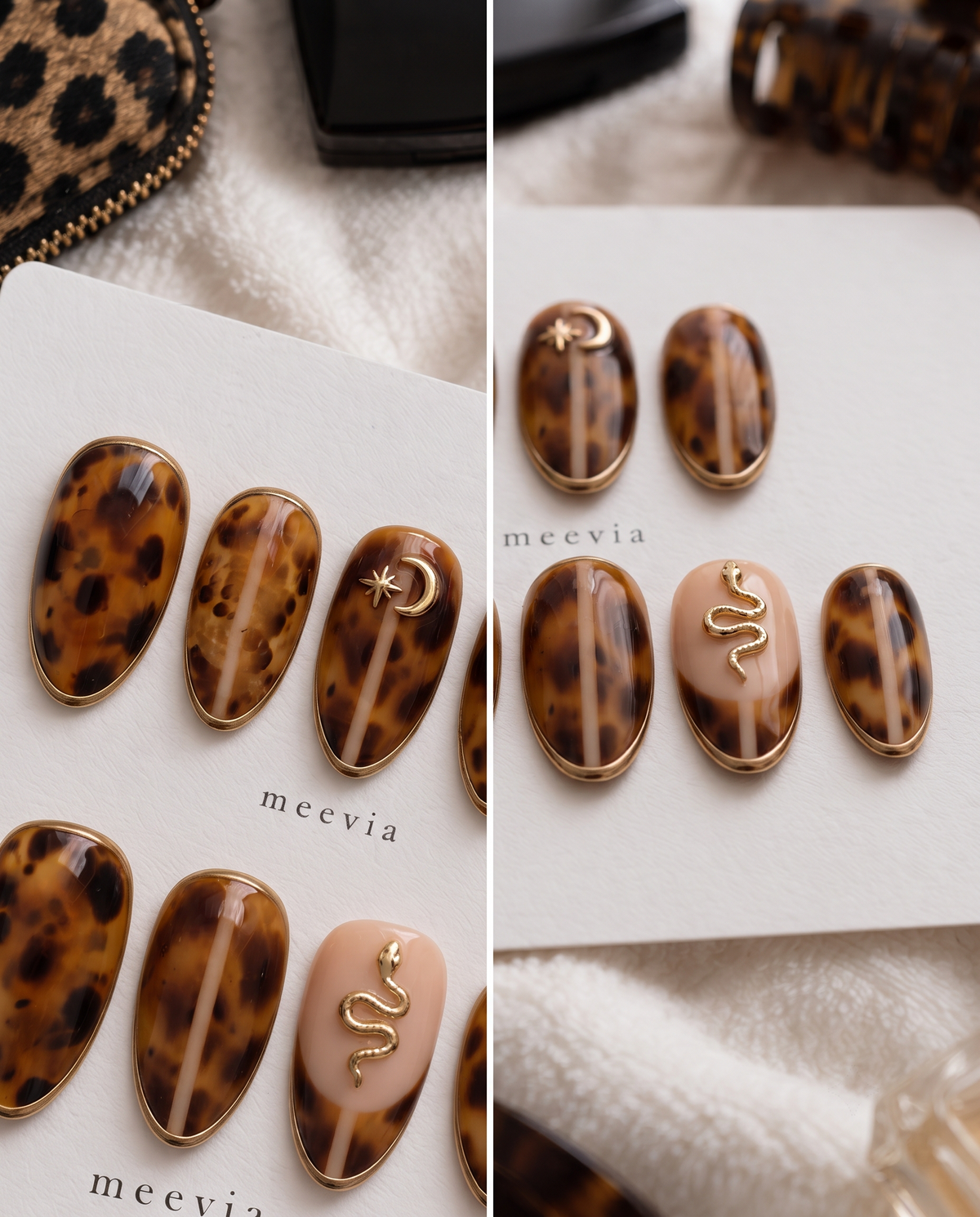 Glossy tortoiseshell press-on nails with gold edging, moon and star details, and a snake accent