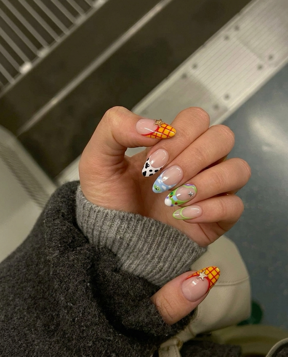 Toy Story inspired press-on nails with character themed French tips and star charms.
