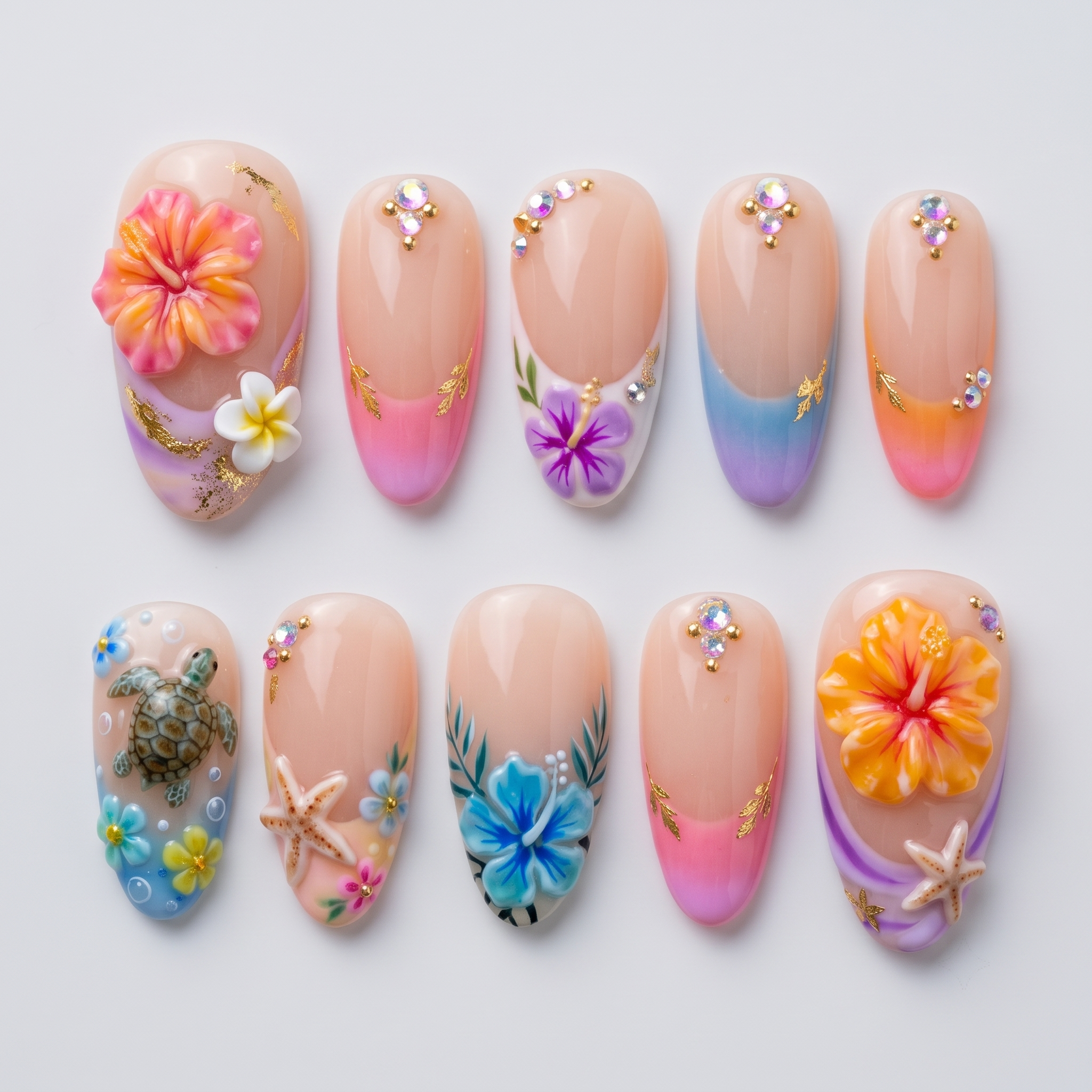 Tropical sea life press-on nails featuring 3D hibiscus flowers, sea turtles, starfish, and French tips with rhinestones.
